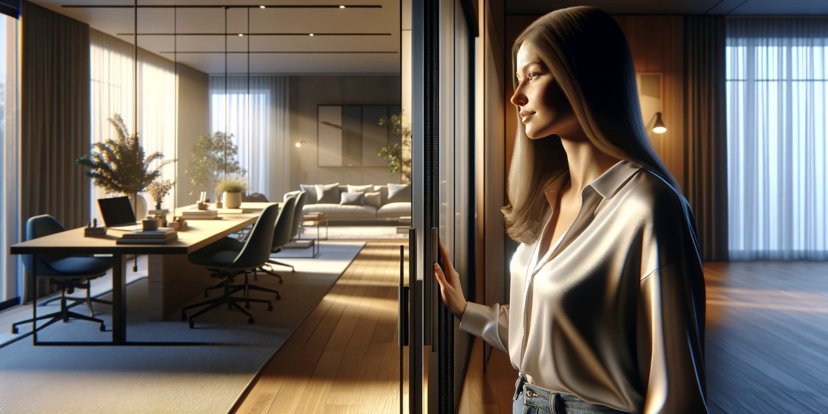 Een rustige vrouw opereert glazen schuifdeuren die een elegant ingerichte woonkamer en een kantoorruimte verdelen, waarbij de nadruk ligt op haar bedachtzame expressie in een zonovergoten ruimte.